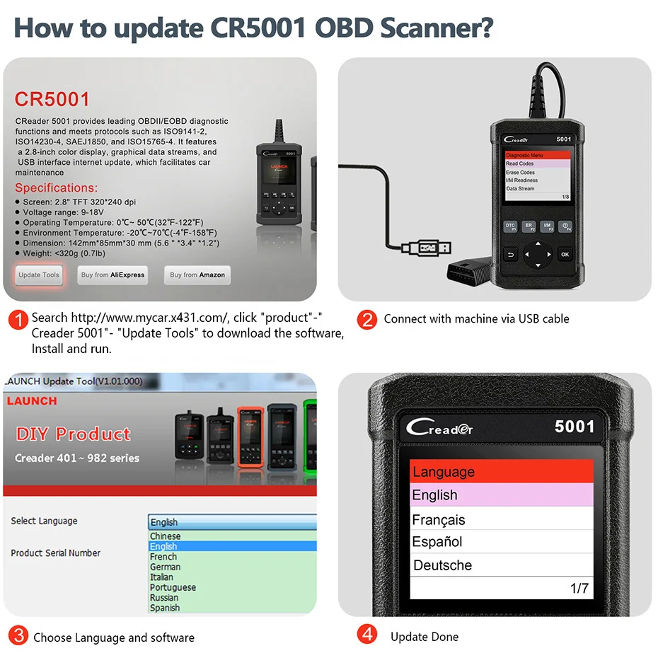 LAUNCH CR5001 OBD2 автомобильный сканер полный считыватель кодов двигателя OBDII