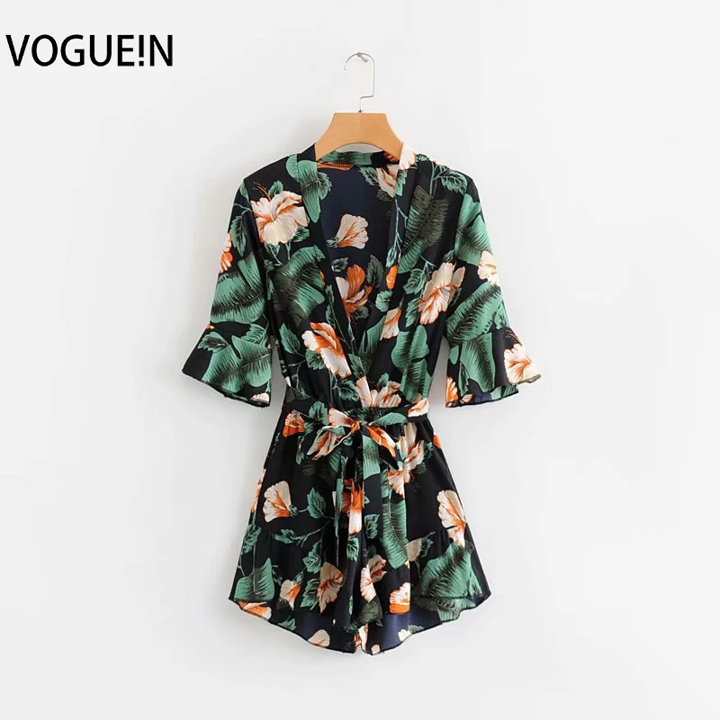 

VOGUEIN New Womens Casual Floral Leaf Print Flare Sleeve V-Neck Belt Jumpsuit Playsuit Wholesale