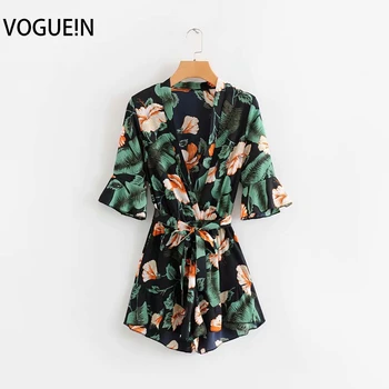 

VOGUEIN New Womens Casual Floral Leaf Print Flare Sleeve V-Neck Belt Jumpsuit Playsuit Wholesale