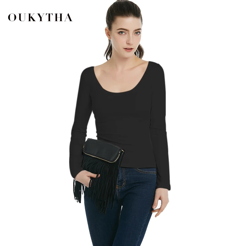 Oukytha 2018 модная сексуальная черная футболка с круглым вырезом Женская открытой