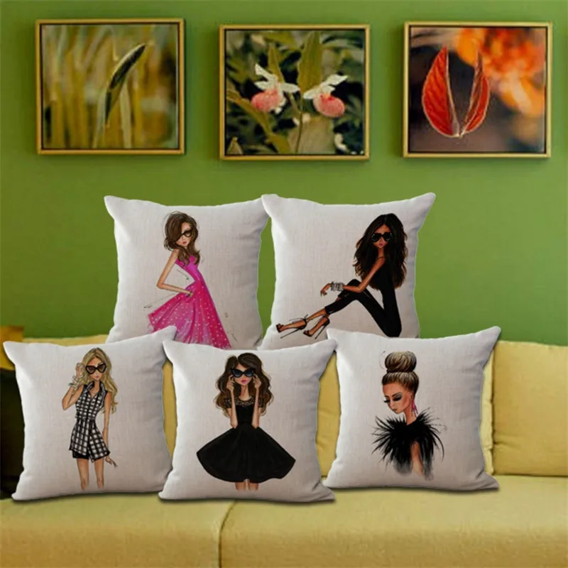 

Cotton Linen Square Fashion Lady Printed Sofa Decorative Cushion Covers Beauty Girls Living Room Chair Pillow Case