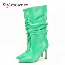 Stylesowner/; модные женские ботинки с острым носком без застежки; женские ботинки со складками; пикантные сапоги до колена на очень высоком тонком каблуке; размер 42