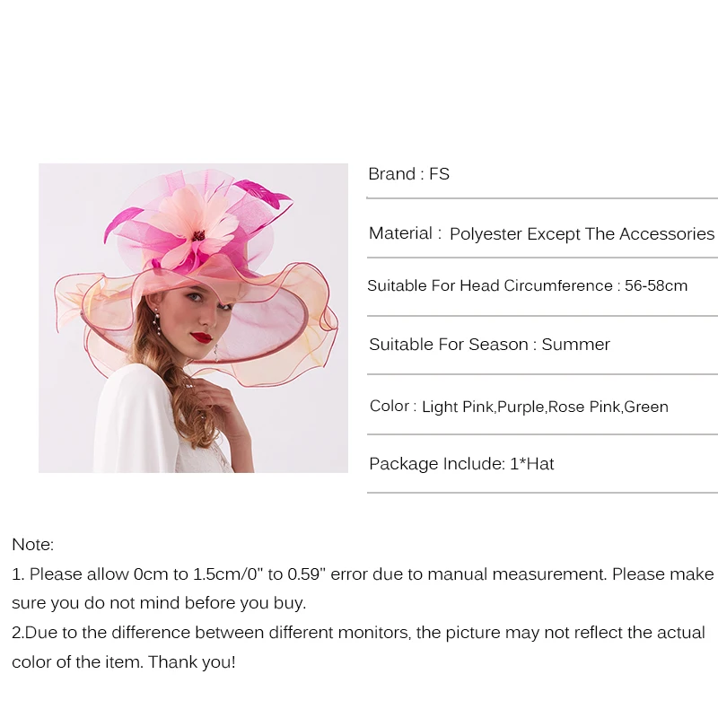 FS новые женские шляпы для церкви, элегантные летние шляпы из органзы, женские вечерние шляпы с большим цветком