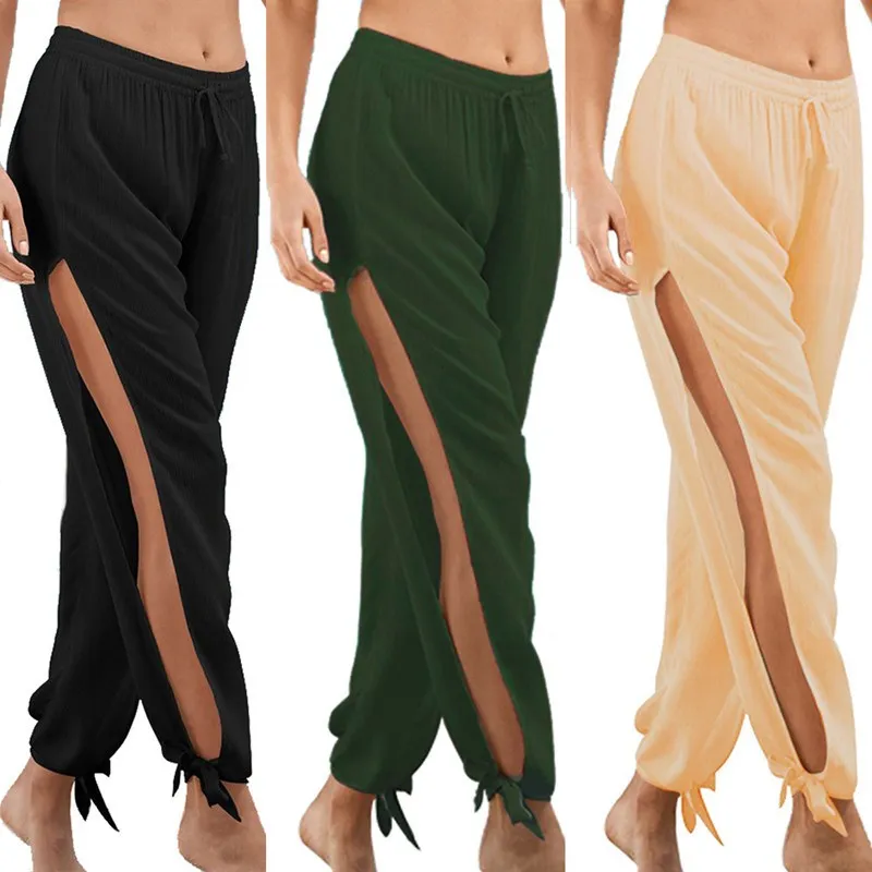 

2019 Women Summer Causal Loose Hollow Out Beach Trousers Wide Leg Pants Plus Size Elastic Waist High Split Long Trousers