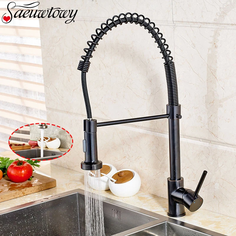 

Brushed Nickle Chroem Spring Kitchen Faucet Hot&Cold Water Mixer Tap Single Handle Single Hole with White & Black Hose