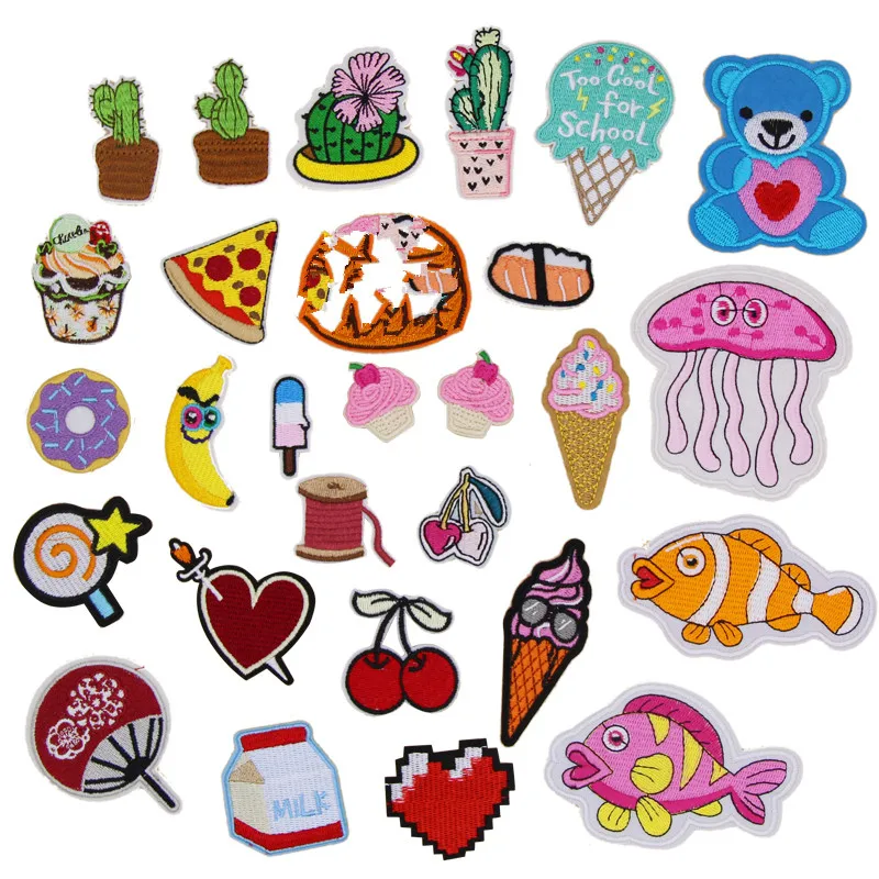 

Free Shipping 10 pcs Cacti Icecream cupcake Fish Milk Fruit Heart Embroidered patches iron on or sew on cartoon Motif Applique