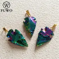 FUWO Fashion Titanium Plated Obsidian Pendant,Gorgeous Rainbow Aura Crystal Arrowhead Jewelry For Necklace Making 5Pcs/Lot PD223 1