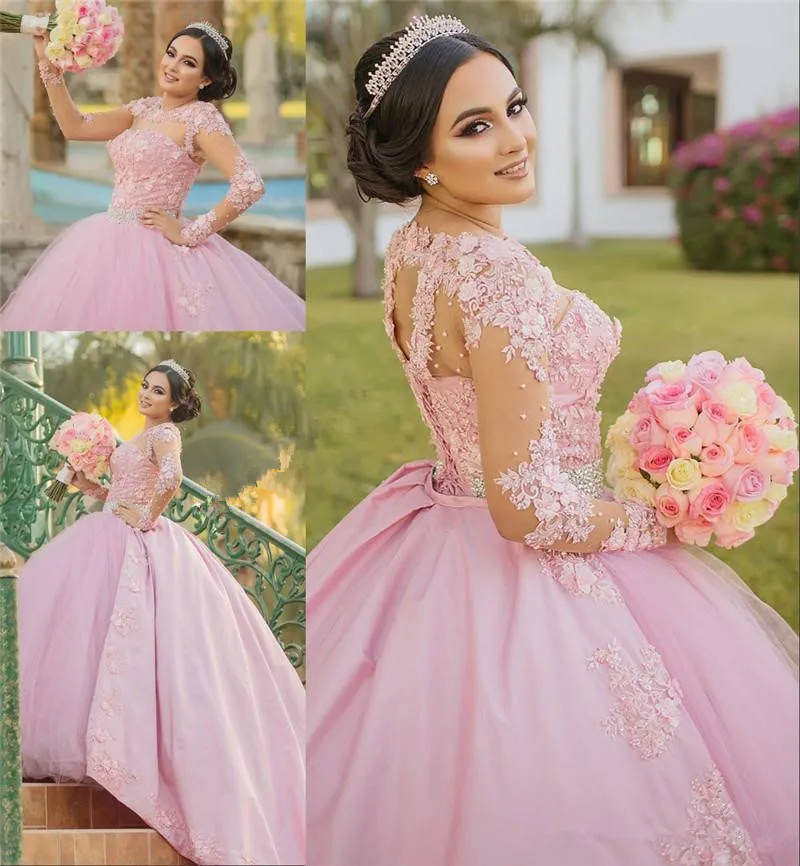 Розовое милое 16 Quinceanera платье 2020 бальное винтажное кружевное с длинными рукавами