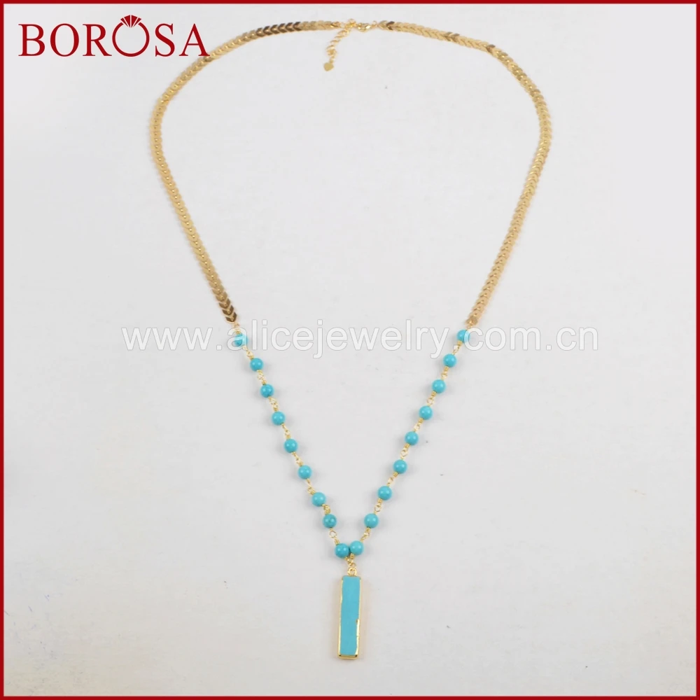 

BOROSA 3pcs Rectangle Gold Color Blue Howlite Blue Pendant With Blue Howlite Blue Stone Beads Long Necklace for Women G1357