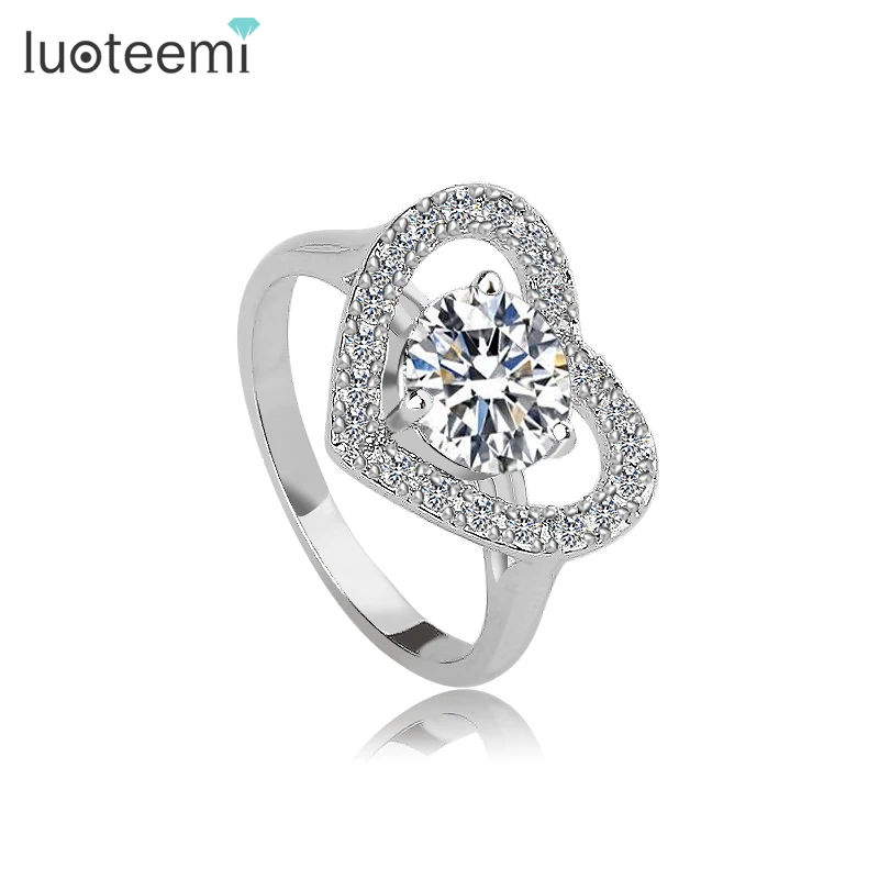 

LUOTEEMI White Gold-Color Heart Shaped Cubic Zirconia with Micro CZ Cluster Setting Engagement Rings for Women Jewelry