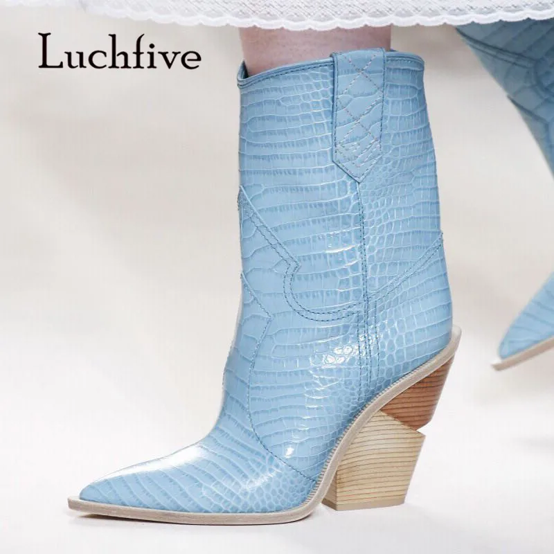 

2018 Hot Sale Snakeskin Real Leather Ankle Boots Woman Pointed Toe Pink Blue Wedges Boots Woman Runway Shoes