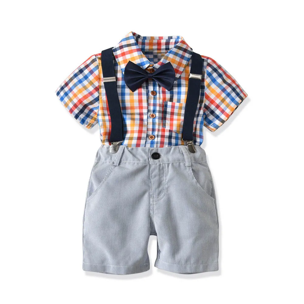 

Baby Boys Gentleman Set Bowtie Plaid Multicolor Short Sleeve Shirt+Suspenders Kids Cotton Single Breasted Plaid Bowtie Shorts