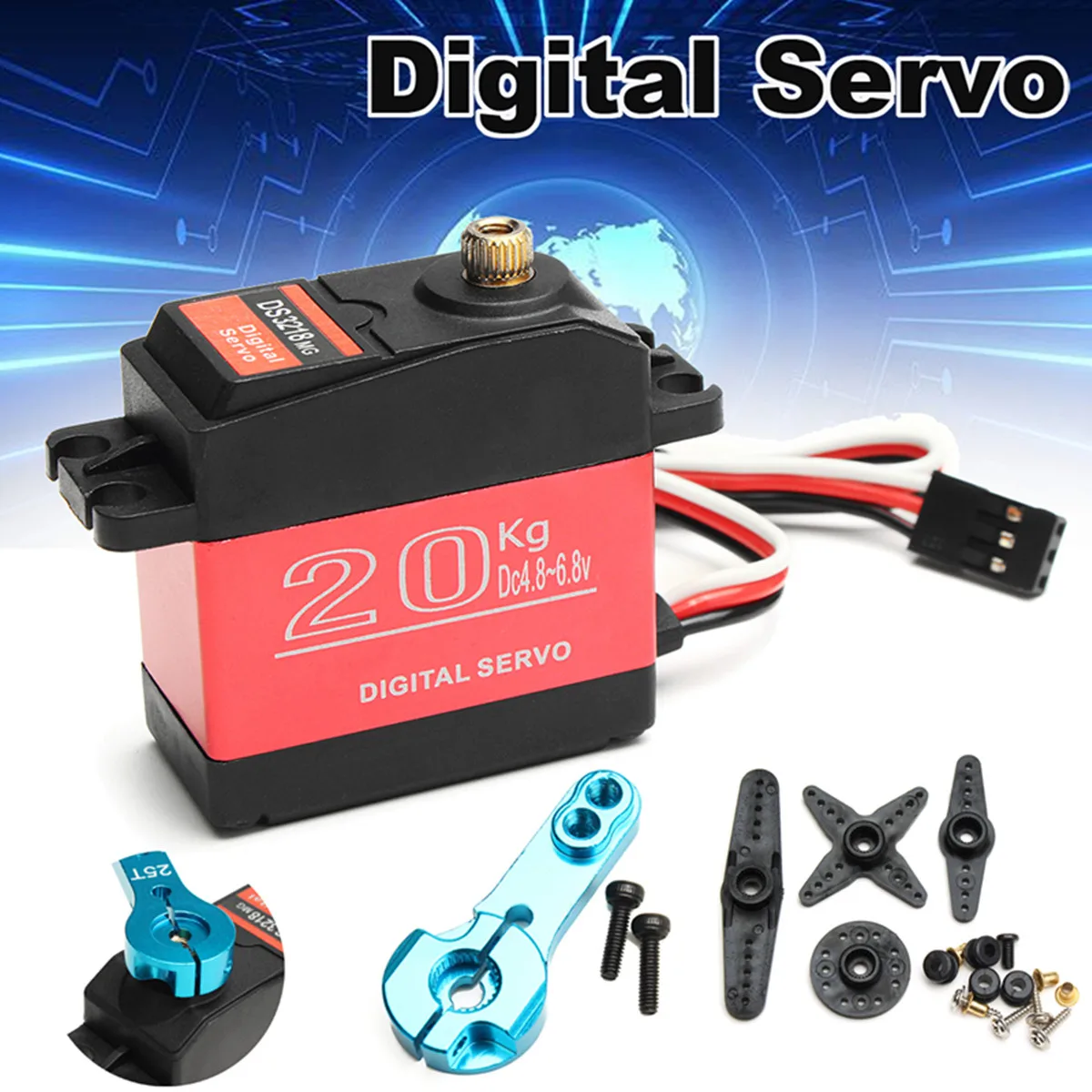 

20KG 270 Degree DC4.8~6.8v Large Torque DS3218 Gear Digital Servo Waterproof with Screws 25T Adjustable Metal Servo Arm