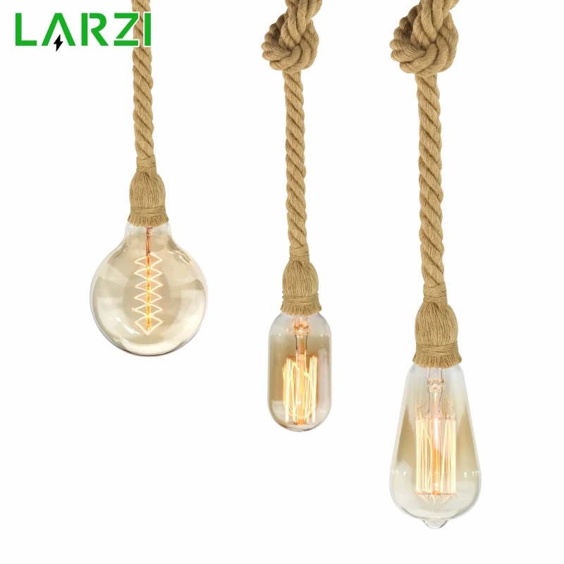 

LARZI Vintage Retro Hemp Rope Pendant Light AC90-260V E27 Lamp Bulb Holder Loft Creative Personality Industrial Pendant Lamp
