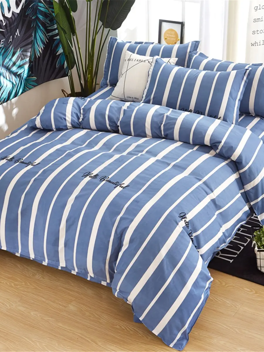 

3/4 Pcs Duvet Cover Set Simple Striped Printing Soft Cotton Bedlinens Set