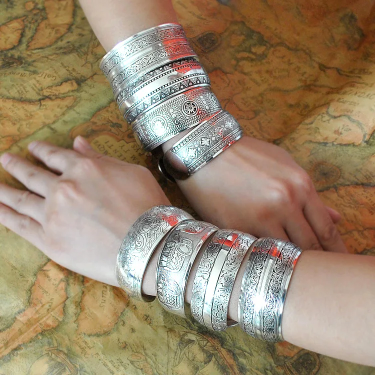 

Boho Antic Silver Cuff Copper Bangle Bohemia Antalya Carve Pattern Statement Bangle Dropshipping