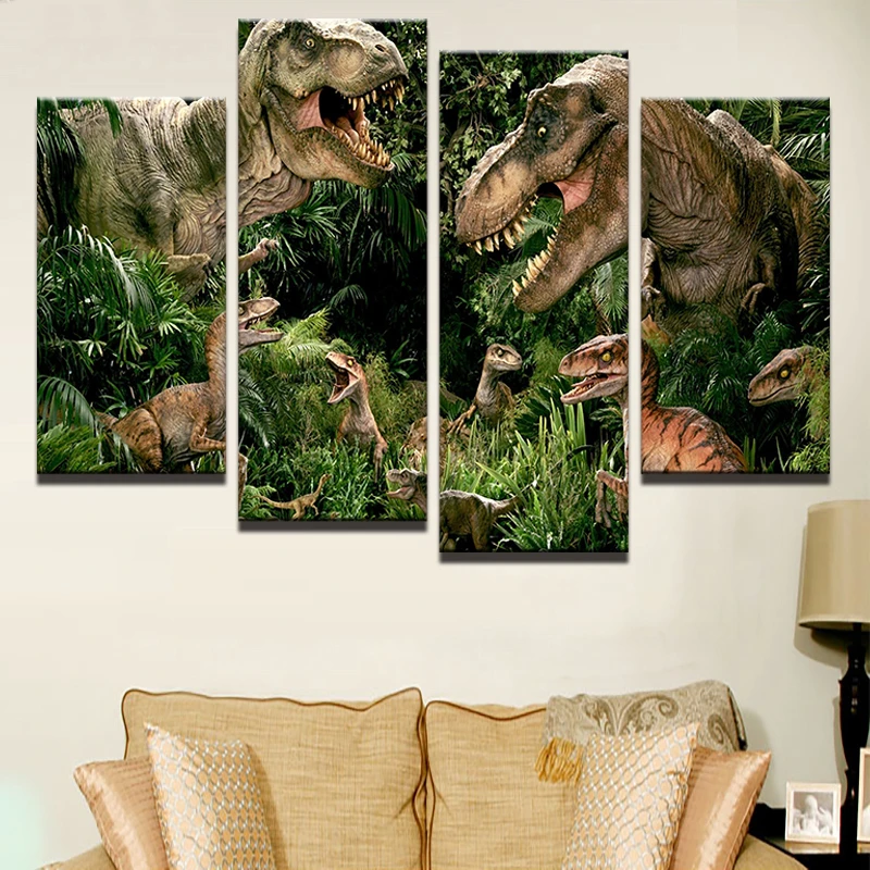 Abstract Canvas Painting Jurassic Park Wall Art Oil Poster Frame Wall Pictures 4 Pieces Dinosaurs Forest Movie Home Decor