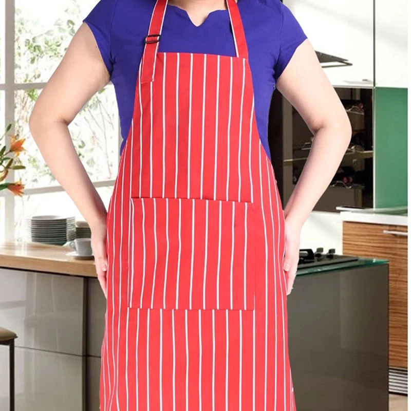 Kitchen Apron Adult Cook Waiter Polyester Stripe Bib Apron with 2
