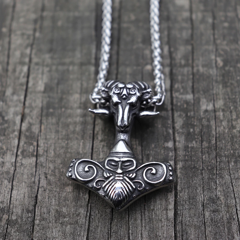 

Viking Mjolnir Thor's Hammer Sheep Heads Stainless Steel Pendant Necklace Scandinavian Pagan Norse Rune Totem Man Amulet Jewelry