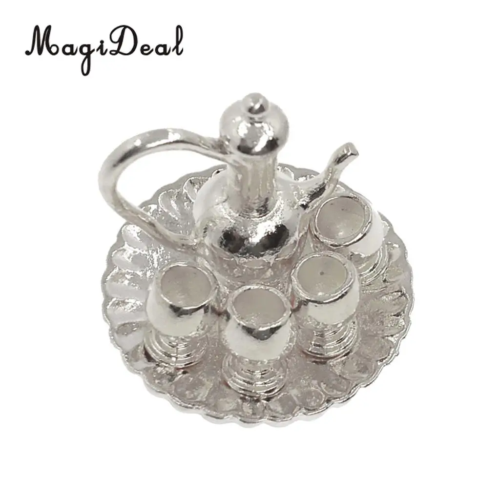 6Pcs 1:12 Dollhouse Miniature Silver Metal Tea Coffee Milk Set with Tray for Dolls Living Room Table Tableware Furniture Decor