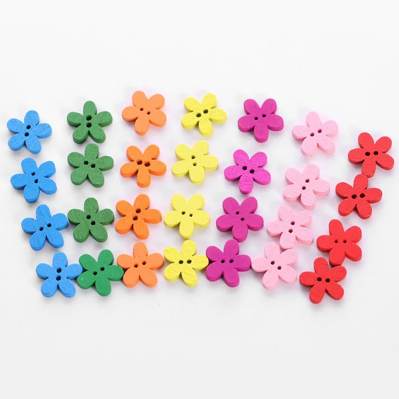 

100pcs Wooden Buttons Mixed Adorable Colorful Flower Shape Sewing Buttons Scrapbook Craft XHC88