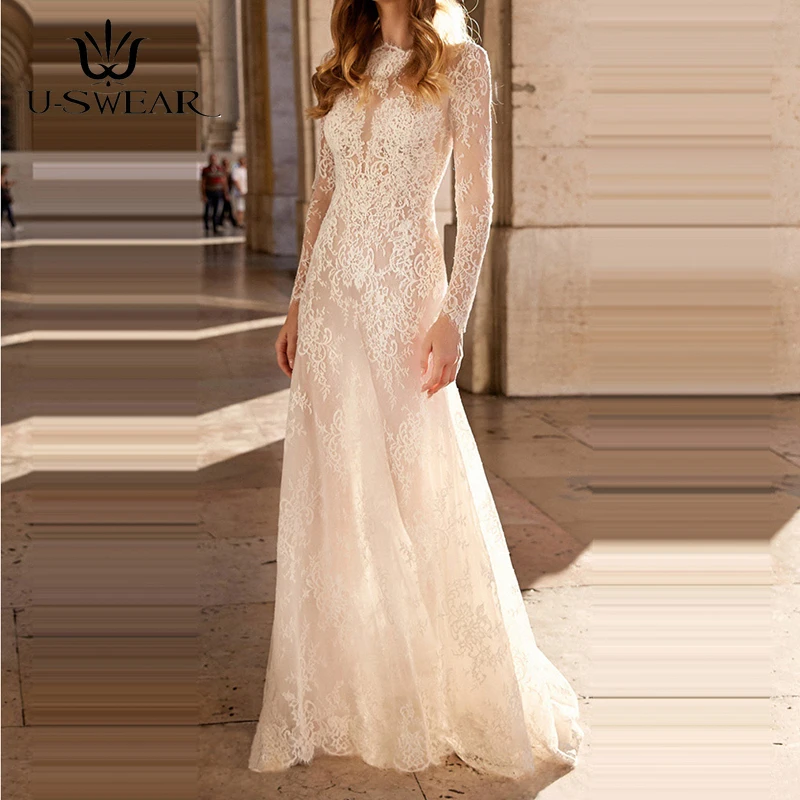 

U-SWEAR Long Dresses Evening A Line High Full Lace Lllusion Evening Dress Prom Party Gown Formal Dresses Elegant Robe De Soiree