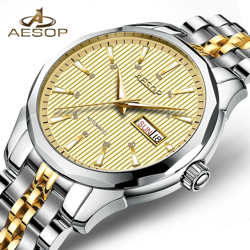 

AESOP Automatic Mechanical Watch Men Luxury Sapphire Gold Men's Wristwatch Stainless Steel Male Clock Men Relogio Masculino