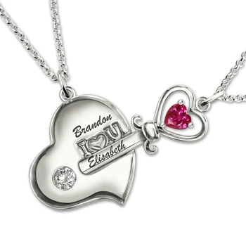 

Lady Custom Name Pair Key to My Heart Necklaces Costume Letter Stone Couple Necklace Silver 925 Pendant Chain for Lovers Trinket