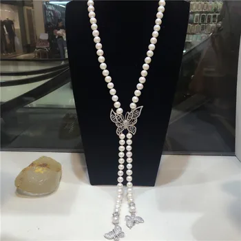 

Hand knotted natural 8-9mm white freshwater pearl long sweater chain butterfly micro inlay zircon accessories necklace