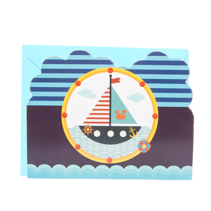 Морская тема одноразовые наборы посуды для детей день рождения украшения морской синий Лодка бумажные тарелки и стаканы вечерние принадлежности - Цвет: Invitation card 6pcs