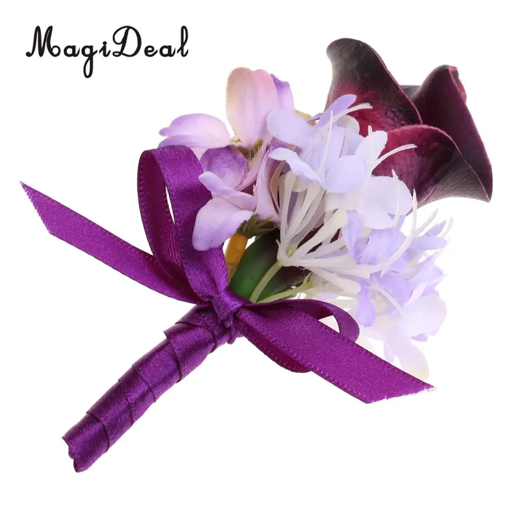 MagiDeal Handmade Fabric Calla Boutonniere Corsage Flower for Bride Groom Wedding Formal Party Accessory Pink/Purple 14 x 9 x4cm