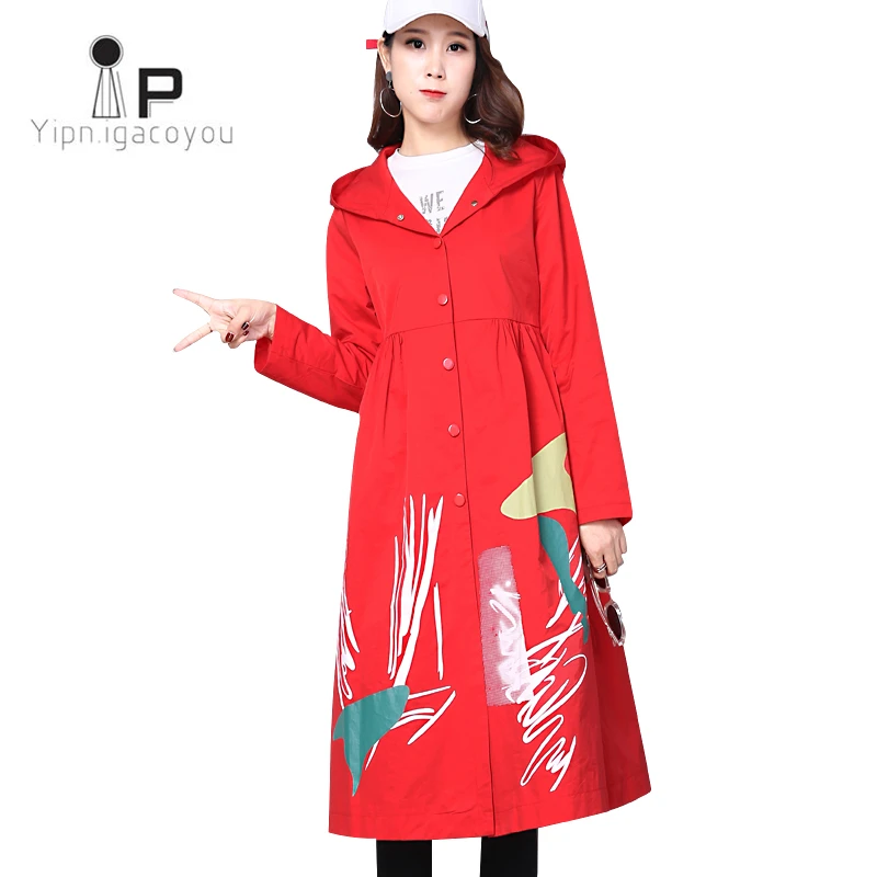 

Spring 2019 Long Print Women Windbreakers Hooded Coat Korean Autumn Women Black Trench Coat Fashion Loose Ladies Outerwear 3XL