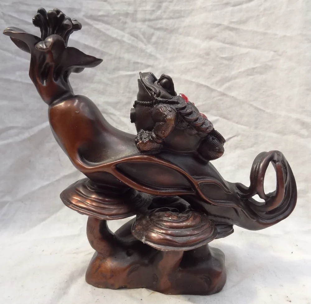 

009212 10" Chinese Pure Bronze Longevity Ginseng Gyrophora Coin Hoptoad Toad Statue