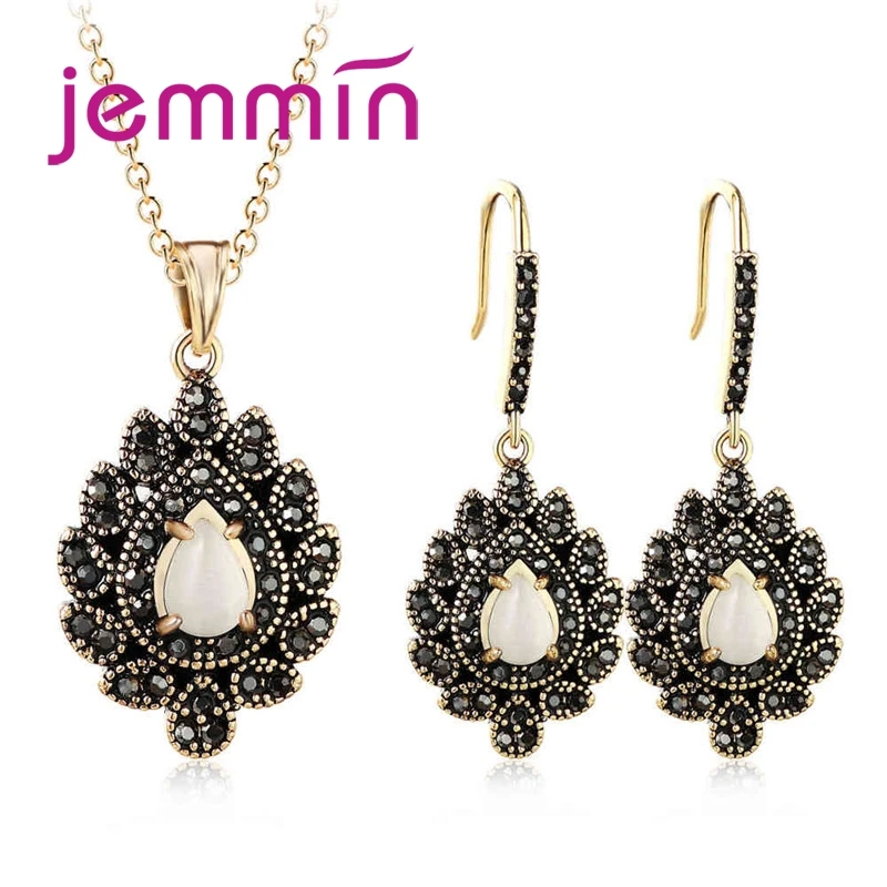 

Jemmin New Fashion Bohemia Style Irregular Pattern Pearl Crystal Necklace Earrings Jewelry Set For Ladies Party