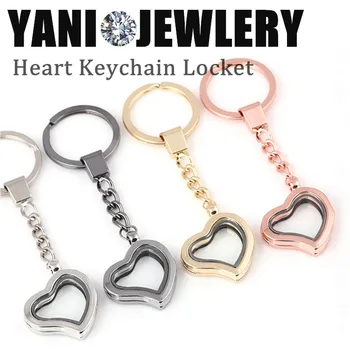 

10pcs/lot Fashion 4Colors Plain Heart Locket with Keychain Key Ring of Openable Glass Keychain Locket