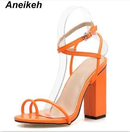 Aneikeh/ г. Модные Классические босоножки из pu искусственной кожи женские туфли на высоком квадратном каблуке с тонким ремешком, с круглым носком, с пряжкой, вечерние офисные туфли оранжевого и зеленого цвета, размеры 35-40 - Цвет: Orange