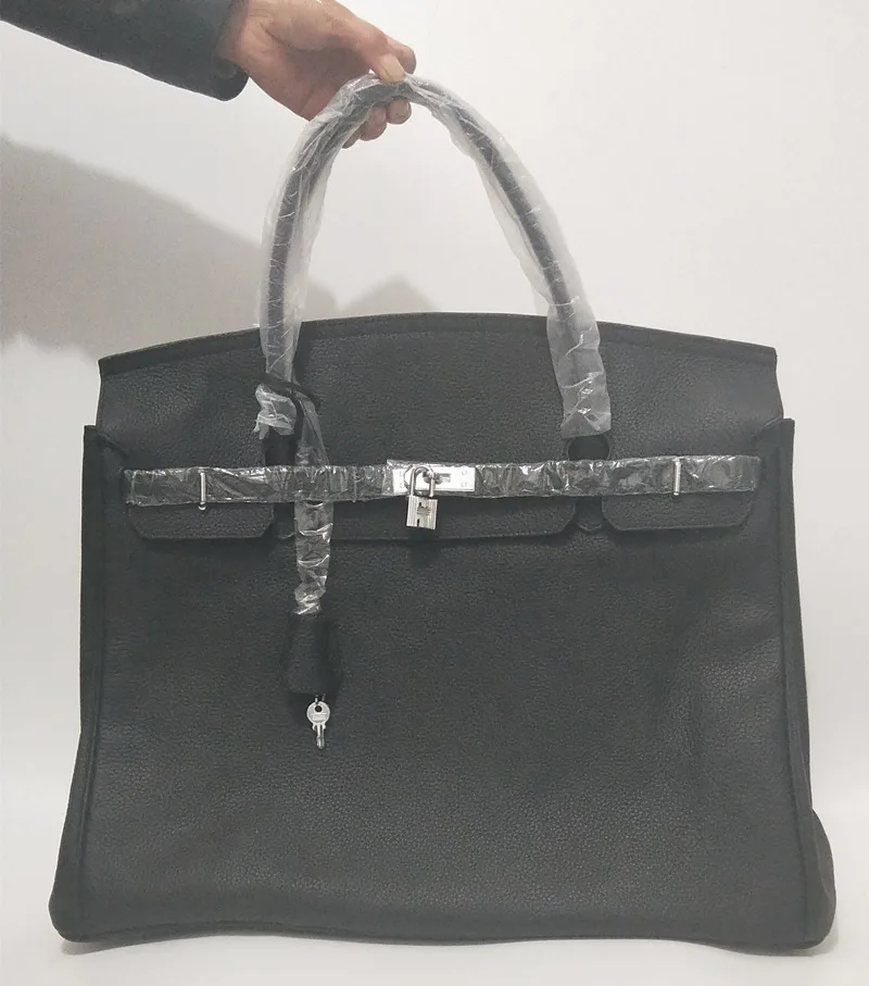 

High Quality 50cm Famous Brand Genuine Leather Designer Totes Silver&Gold hardware Handbags Black Leather for Women Travel bag