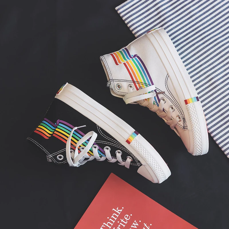 Women Rainbow Shoes High Up Lacing Girls White Sneakers Colorful Summer New Students Casual Shoes Zapatillas Lona Mujer