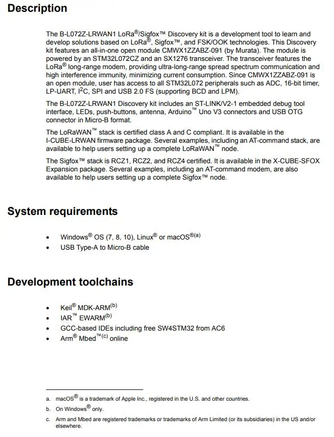 1 шт. x B-L072Z-LRWAN1 RF инструменты разработки STM32L0 набор обнаружения LoRa, Sigfox, низкая мощность беспроводной оценки STM32L072