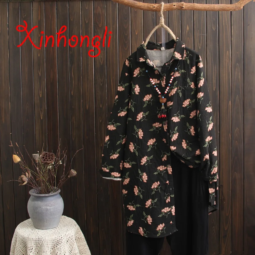 

Plus size long cotton women blouse 2019 Spring autumn new casual ladies Floral pocket loose shirts female tops oversized