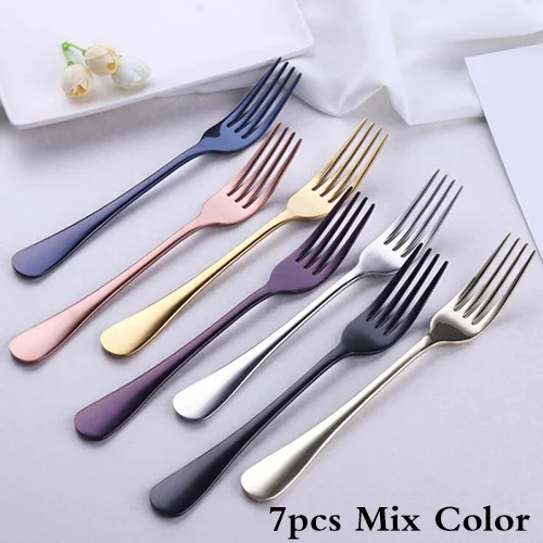 Mix Color 7pcs 2, 6 штук в партии, Нержавеющая сталь вилы комплект Красочные ужин Десертная Вилка для фруктов набор с покрытием из путешествия Кухня инструменты ложки с длинной ручкой, столовые приборы набор вилок - Цвет: Mix Color 7pcs