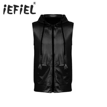 Мода, мужской хипстерский Блестящий металлический жилет без рукавов с капюшоном на молнии спереди, клубный укороченный топ, костюмы с карманом-кенгуру