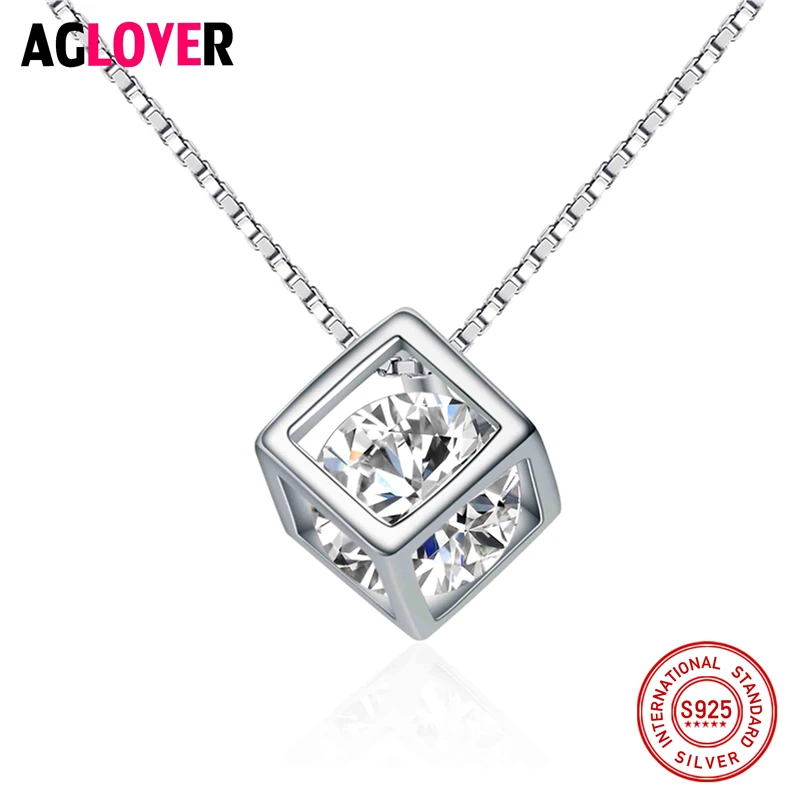 

925 Sterling Silver Square Cube Rhinestones Choker Statement Necklace Women Lady Pendants Necklaces Jewelry