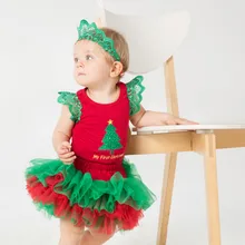 Рождественский комплект одежды для новорожденных девочек, комбинезон с кружевными рукавами+ юбка-брюки, платье+ повязка на голову, детские костюмы, Детские Первые Рождественские костюмы