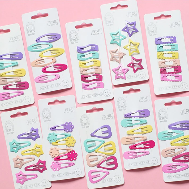 

10 Styles Candy Paint BB Hair Clip Hairpins Multi-colored Metal Cute Heart Wavy Five-pointed Star Girls Bangs Hair Clips