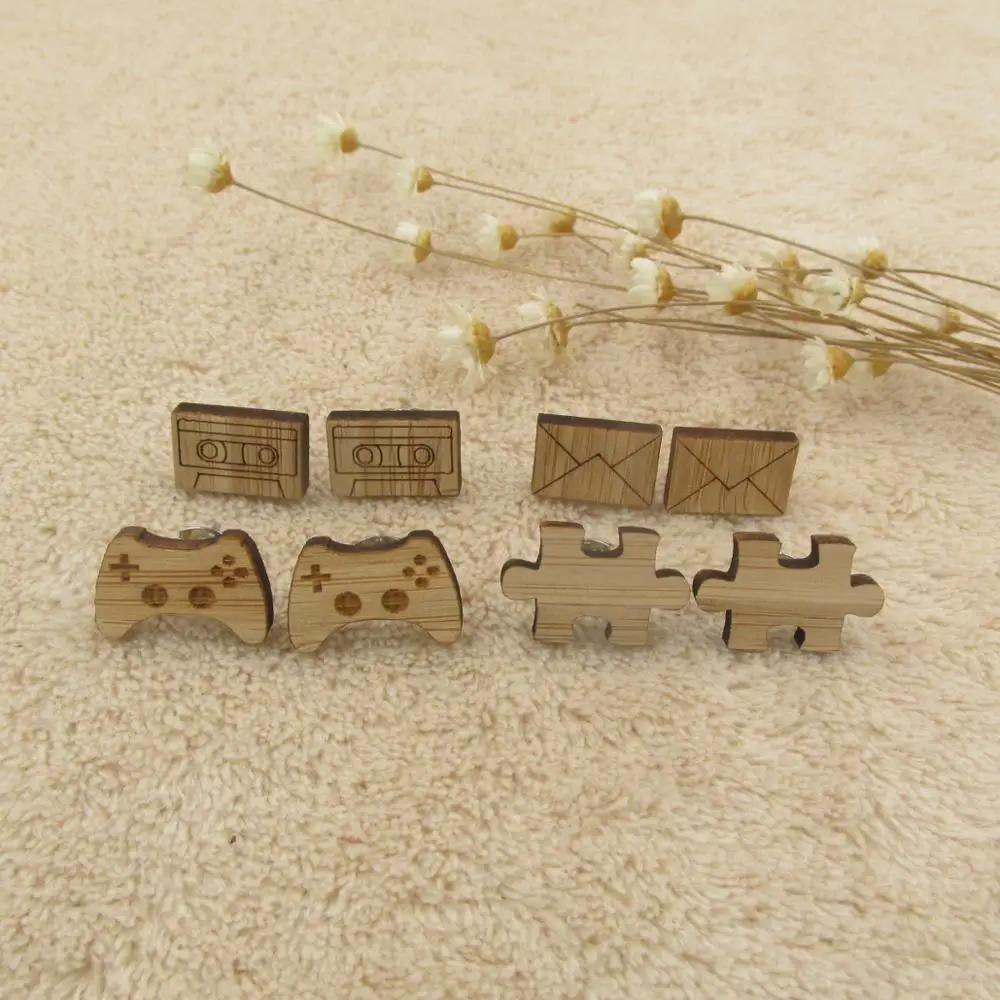 

2018 Laser Engraved Puzzle Stud Earrings Wooden tape mail Post Earring