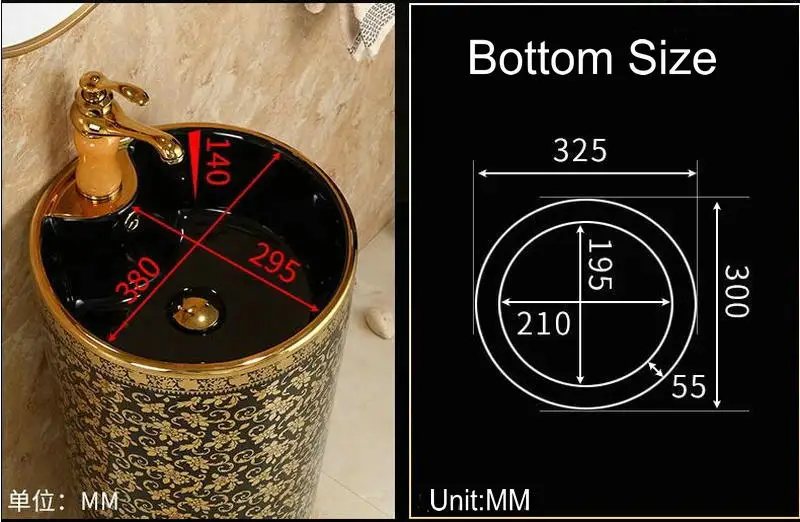 Мозаика Золотая черная круглая подставка Керамическая Раковина Ванная раковина с подставка Подиум умывальник