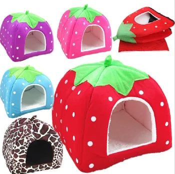 

P01 Cute Pet Cat Puppy Dog Bed House Foldable Soft Warm Leopard Strawberry Print Sleeping Mat Cave for Small Cats Dogs Kennel