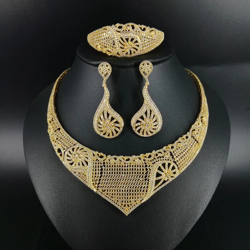 

2019 new fashion vintage CZ zircon golden necklace earring bracelet ring jewelry set wedding bridal banquet dressing jewelry set