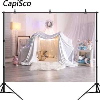 

Capisco Vinyl Indoor Baby Tent Photography Backdrop Carpet wooden floor lamp Toy Bear Children party Photo Background